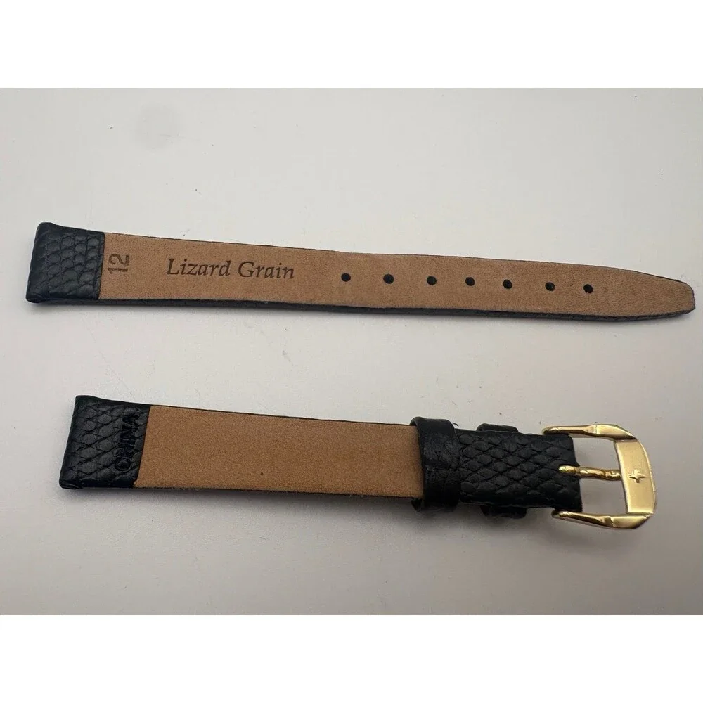 12mm Black Lizard Grain Leather Watch Strap with Gold-Tone Buckle